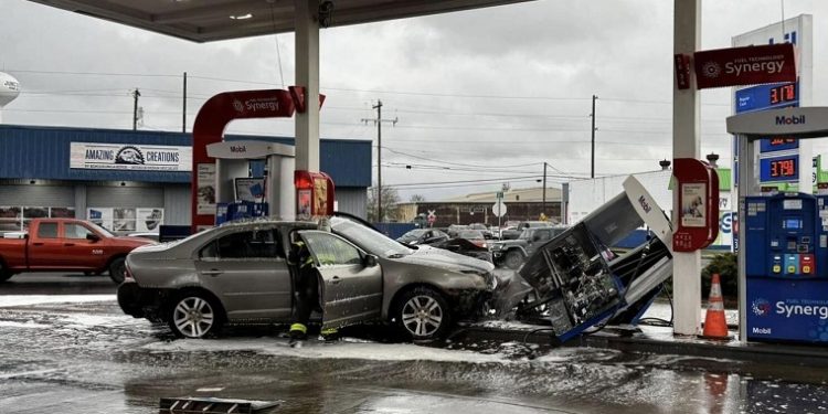 Car Crash at Junction City Gas Station Causes Fire, Damages Pump